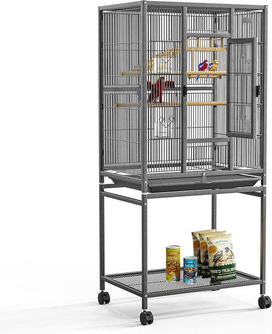 54" Large Bird Cage with Wheels, Durable Wrought Iron Parakeet Cage with Slide Out Tray, Black Bird Cages with Feeding Cups, Wooden Platform, Swing & Perches, for Lovebird, Cockatiels, Budgies