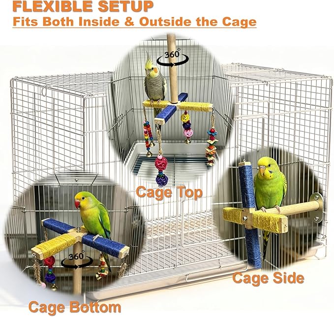 360° Rotating Bird Perch Stand - 4 Perches + 5 Colorful Chew Strand, Natural Bird Cage Accessories, for Small & Medium Birds Parakeets Cockatiels Lovebirds Budgies
