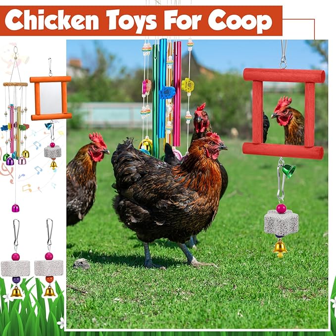 VioraWhite 7 Pcs Chicken Toys, Hanging Chicken Wind Chime, 2 Pcs Coop Mirror Toys with Bells 4 Pack Beak Grinding Stones, Musical Coop Accessories for Hen Rooster Chick Poultry Birds(Red, Orange)