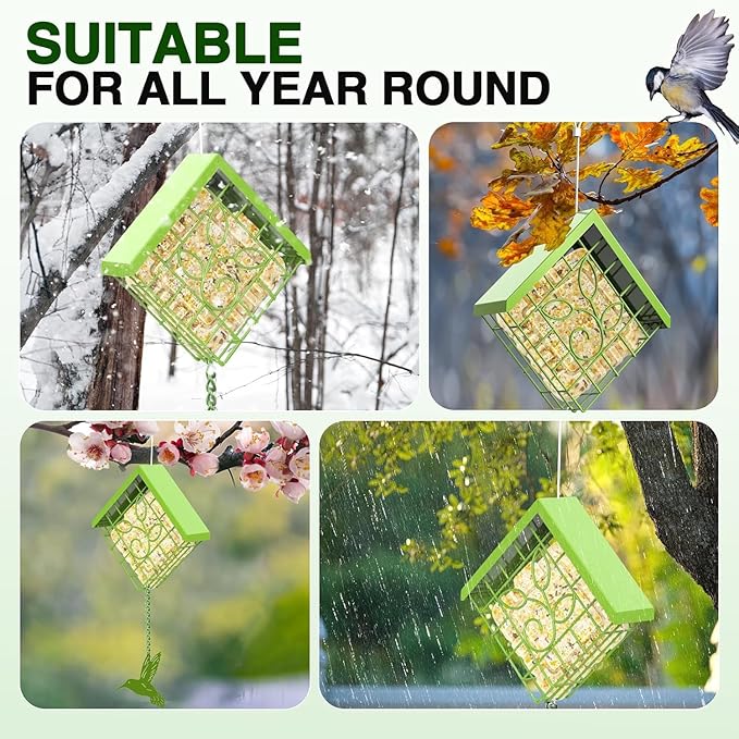 FlowaFoli Suet Bird Feeder for Outside, Metal Suet Feeder for Outside Hanging, Single Suet Cake Capacity, Fruit and Suet Feeder Style for Outside Hanging(Green)