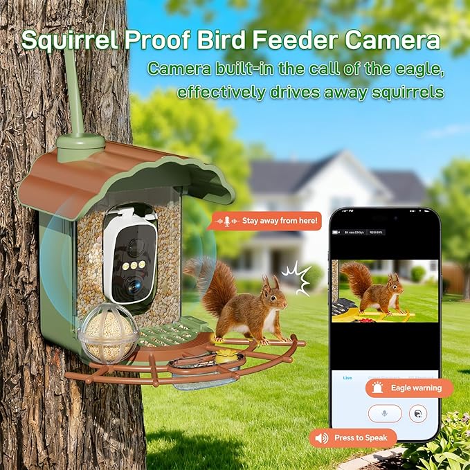 Smart Bird Feeder with Camera Solar Powered: 2K HD Video Wireless Outdoor Bird House Camera, AI Bird Species Identification & Arrival Alerts, Ideal Gift for Bird Lovers - Green