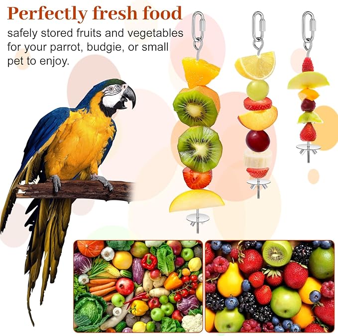 Nogeqi 3PCS Bird Cage Food Holder with Hook, Stainless Steel Bird Feeder for Cage, Parrot Fruit Skewers, Birds Foraging Toys for Macaw Parakeet Parrot Budgie (3 Sizes)