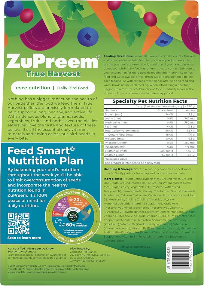 ZuPreem True Harvest Bird Pellets, Daily Bird Food for Cockatiel, Lovebird, Quaker, Small Conure, Lorikeet, Core Nutrition for Medium Birds, Added Vitamins, Cockatiel Pellets (M, 10 lbs)