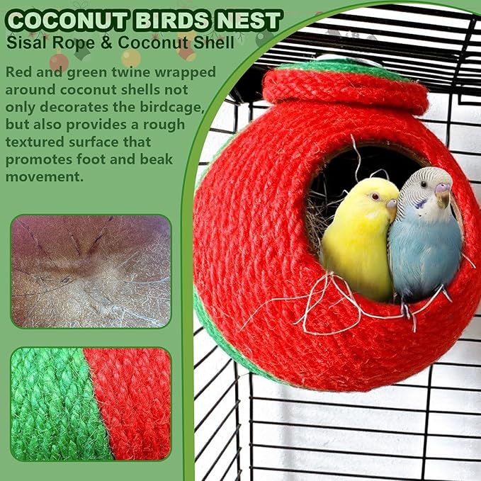 Bird Nest,Parrot Breeding House,Parakeet Natural Coconut Shell Hut,Hanging Budgie Nesting House with Coconut Fiber,Cockatiel Bed for Conure Lovebird Finch Birds