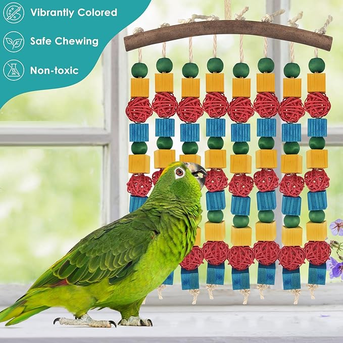 DBNESS Large Parrot Toys, 17.7 inch Multicolored Natural Wooden Blocks Beads Rattan Balls, Bird Chew and Hanging Tearing Toys for Large Medium Birds Macaws African Grey Cockatoos Amazon Parrots