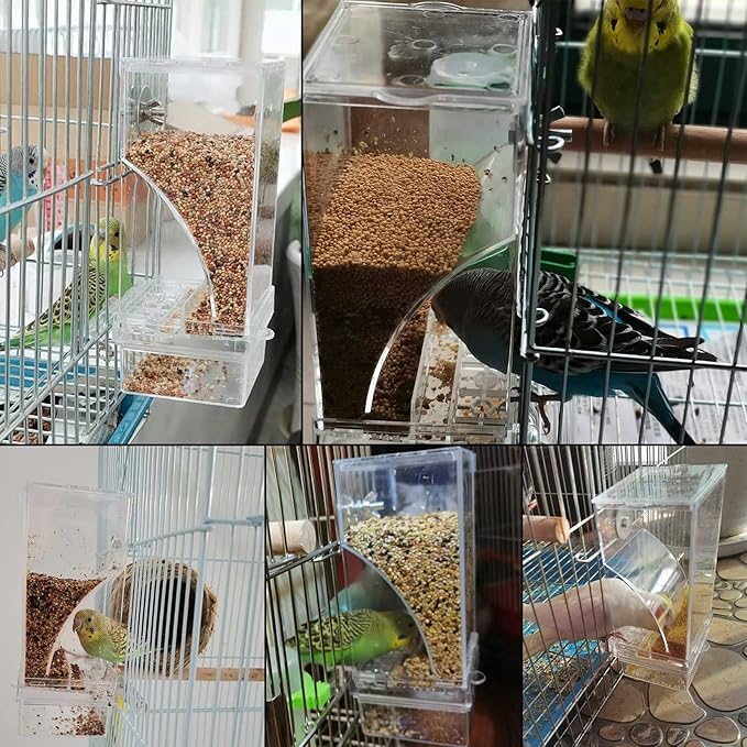 kathson No-Mess Bird Feeder Parrot Integrated Automatic Feeder Seed Food Container Acrylic Finch Foraging Feeders with Perch Cage Accessories for Small Birds Parakeet Canary Cockatiel Lovebirds