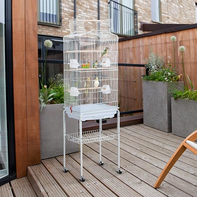 Topeakmart Open Play Top Large Parakeet Bird Cage for Small Birds Parrots Budgies Finches Canaries Lovebirds Metal Bird Cage with Rolling Stand, White