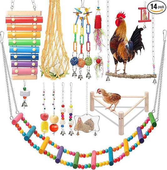 14PCS Chicken Toys for Coop Accessories - Longer Chain Chicken Swing, Chicken Toy for Hens in Coop, Chicken Perch Mirror Toy with Bells, Add Fun Toys for Chickens