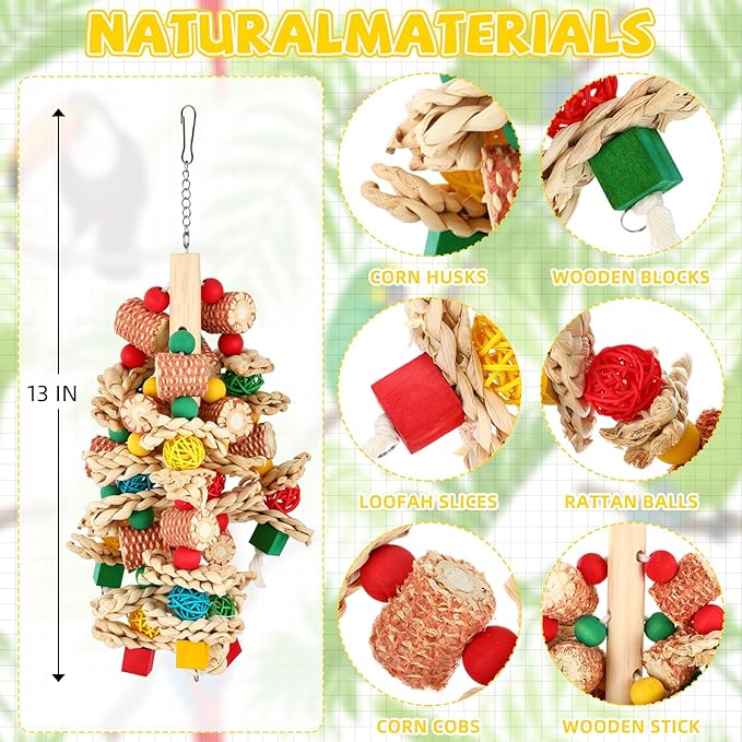 Soulchen 4 Pcs Extra Large Bird Parrot Toy Set Natural Wooden Chewing Toy, Rattan Ball, Wood Nut Loofah String (Bagged) for Large Macaws, African Grey, Amazon Parrots (Wooden Block)
