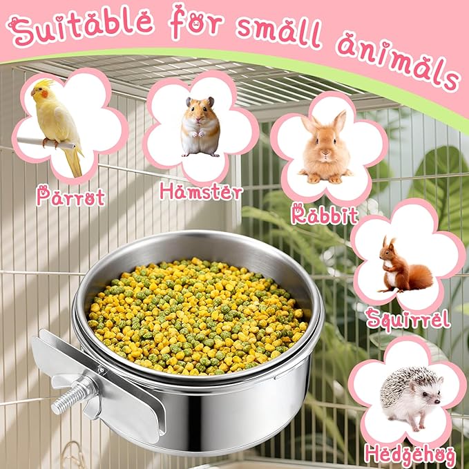 8 Pcs Stainless Steel Bird Food & Water Bowls with Clamp Holder - Hanging Bird Cage Feeding Dishes, Pet Feeders for Cockatiel, Conure, Budgie, Parakeet, Macaw & Small Animals