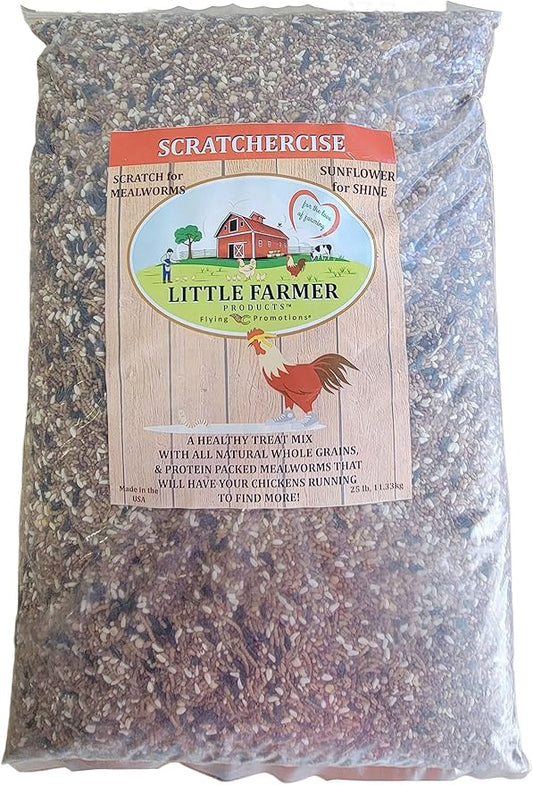 SCRATCHERCISE Premium Chicken Poultry Free-Range Scratch Treat Mix | Wheat, Milo, Peas, Sunflower, Safflower, Flax, Mealworms (25 lbs)