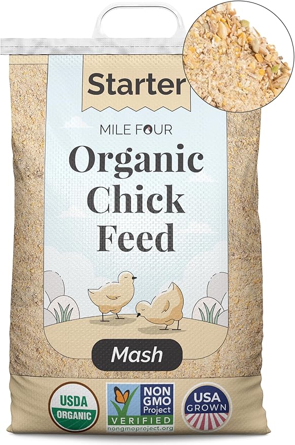 Mile Four Organic Chicken Feed (23 lbs) Starter Chick Mash, Non-GMO, USA Grown, 21% Protein, Corn-Free, Soy-Free, Non-Medicated Chick Feed
