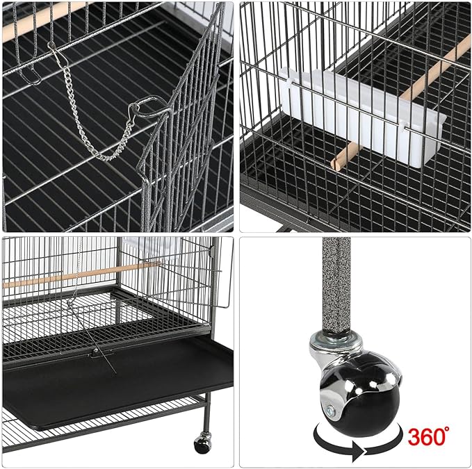 Costoffs 132cm Extra Large Rolling Metal Bird Cage Parrot Cage for Lovebird Cockatoo Conure with 3 Perches/4 Feeders/Extra Storage Shelf Black