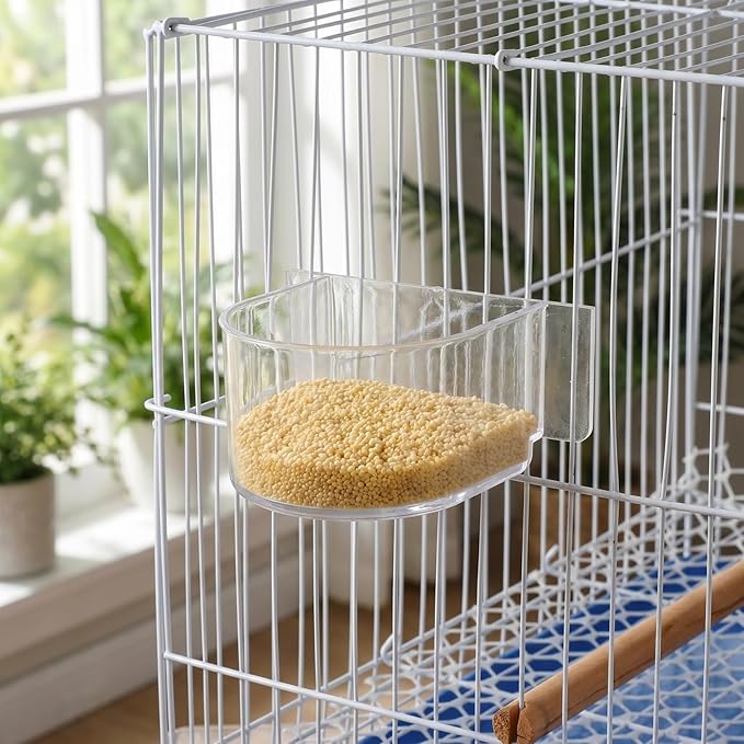 DOITOOL Bird Cage Feeder Cups, 2PCS Clear Plastic Seed Water Feeder Cups, Thickened Food Water Bowl for Pet Bird Parrot Parakeet Cages, Hanging Accessories