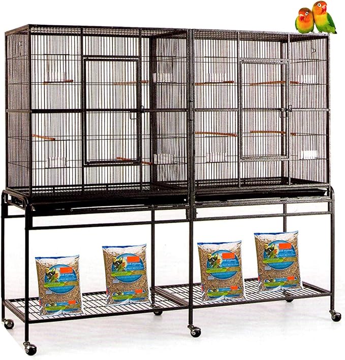 Extra Large Wrought Iron Double Cage Center Slide Out Divider 3-Levels Bird Parrot Flight Cage Cockatiel Conure Cage Easy Clean Pull Out Tray with Removable Stand on Wheels 61" Lx18 Dx56 H
