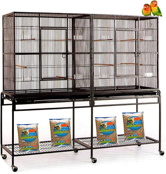 Extra Large Wrought Iron Double Cage Center Slide Out Divider 3-Levels Bird Parrot Flight Cage Cockatiel Conure Cage Easy Clean Pull Out Tray with Removable Stand on Wheels 61" Lx18 Dx56 H