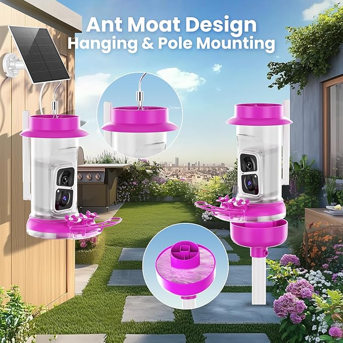 Soliom Hummingbird Feeder with Camera, Smart Feeder Camera with 2K Live View AI Identify, Leak Proof&Ant Moat&Bee Proof, Outdoor Pole/Hook Hanging, Ideal Gift for Family, 16 OZ Pink