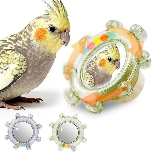 2Pcs Innovation Bird Toy with Hd Mirror, Spinner Rattle Parakeet Toy with Rustling Beads, Safely Embedded No Sharp Edges Bird Mirror for Cage, Flexibly Mounted Rotating Budgie Enrichment Fits Any Cage