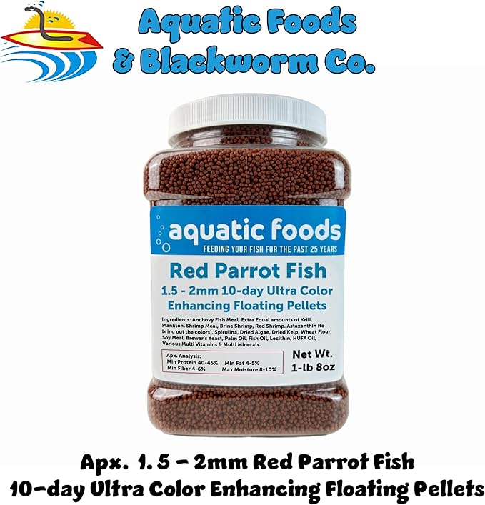 Red Parrot Fish Ultra Red Color Enhancing 1.5mm-2mm Floating Pellets. Color Enhancing in 10-Days for Baby, Juvenile and Adult Red Parrots…1-lb 8oz Medium Jar
