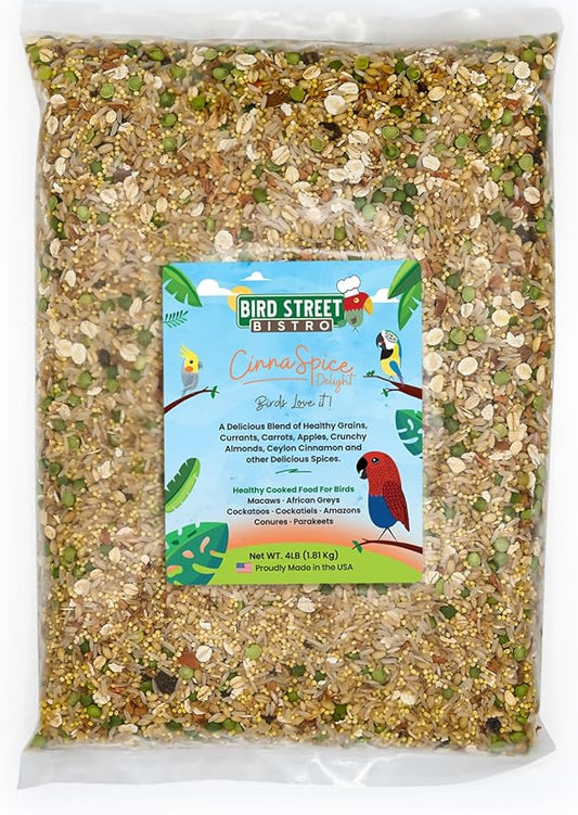 Parrot Parakeet Cockatiel Food - Bird Food - Cooks in 3-15 min with Natural Grains - Legumes - Non-GMO Fruits, Vegetables, & Health Orientated Spices (4.00 Pound (Pack of 1), CinnaSpice)