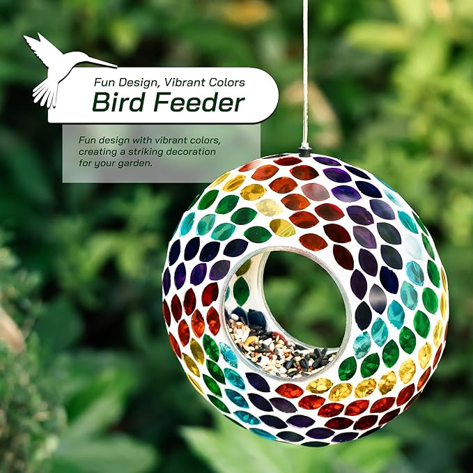 Glitzhome Hanging Bird Feeder for Outdoor 8''D Glass Round Multi-Color Mosaic Decorative Garden Birdfeeder