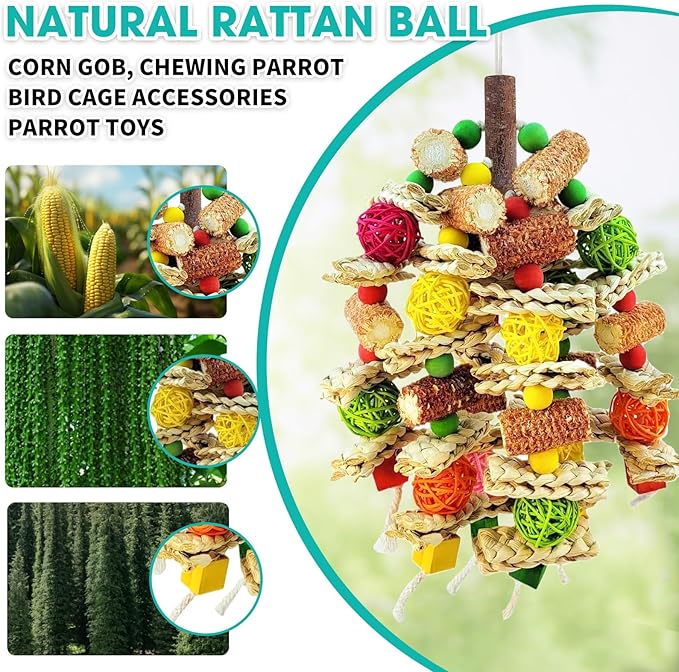 Parrot Chew Toy, Natural Material Bird Foraging Toy for Conures, Quaker Parrots, Medium-Sized Birds - Colorful Hanging Shredding Toy with Woven Ball, Corn Cob and Wooden Beads