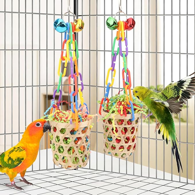 Wontee Bird Colorful Shredding Crinkles Foraging Toys Natural Sola Ball for Parrots Cockatiels Conures Budgies Senegal (Bamboo Basket (2 Pack))