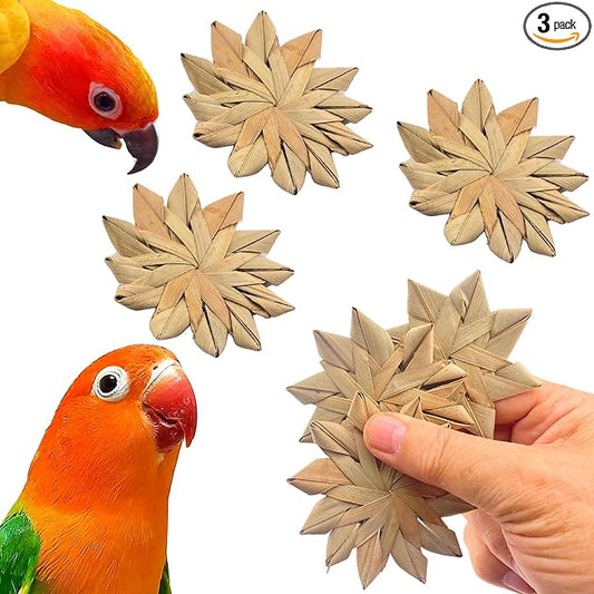 Bonka Bird Toys 1271 Pack of 3 Woven Palm Leaf Flowers 3" Natural Chew Shred Foot Toy for Extra Small to Medium Birds Parakeets Cockatiels Conures Senegals Amazons