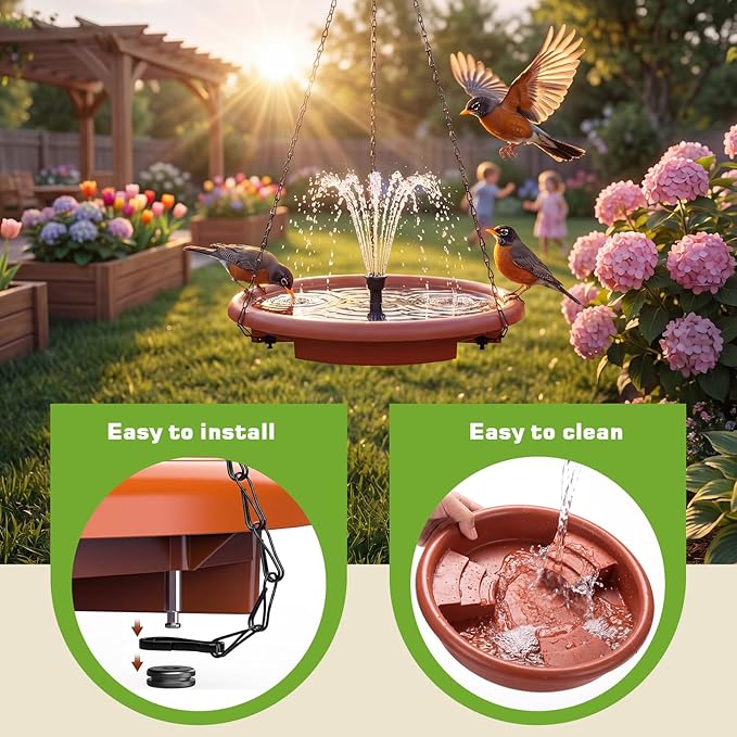 AISITIN 15" Hanging Bird Bath with Solar Fountain, Outdoor Hanging Bird Bath Bowl with 3-Tier Steps, Solar Powered Water Fountain for Bird Bath, Feeder, Drinking, Garden Patio Lawn Backyard