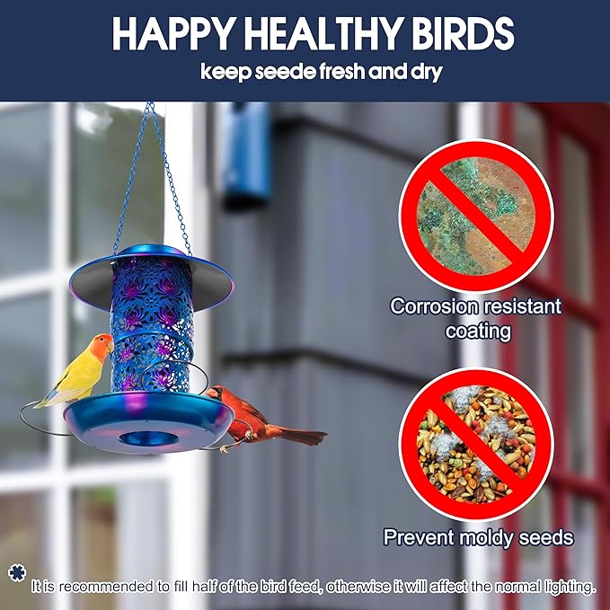 Ottsuls Solar Bird Feeder for Outdoors Hanging, Metal Wild Cardinals Garden Lantern Weatherproof, Decro Solar Birdfeeders as Gift Idea for Women Mom Grandma Bird Lovers (Update Version Blue)