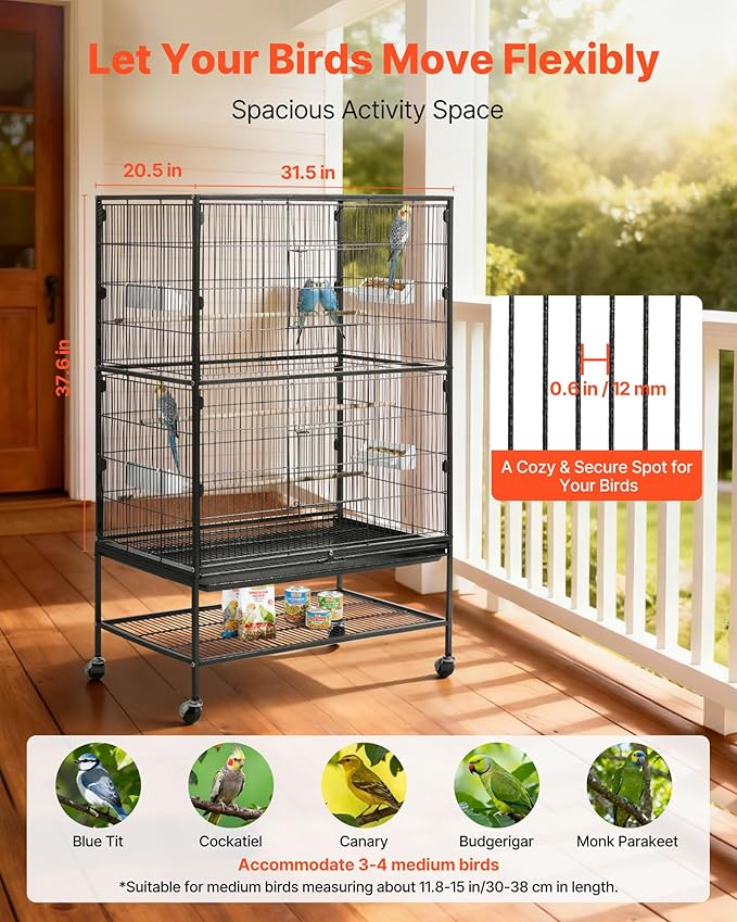 VEVOR Bird Cage, 31.5 x 20.5 x 52 inch, Flat Top, Wrought Iron Bird Flight Cage with Perches, Slide-Out Tray and Plastic Feeders, Casters, for Parrot, Blue Tit, Cockatiel, Canary, and Monk Parakeet