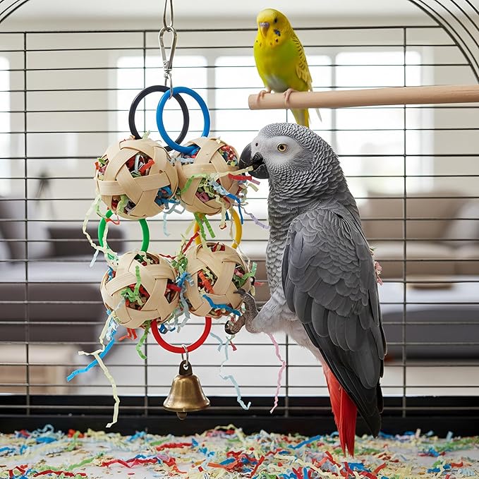 Bird Toy, Bamboo Ball Shredded Paper Parrot Foraging Tearing and Climbing Hanging Toy, Suitable for Parakeet Conure Cockatiel and Lovebird