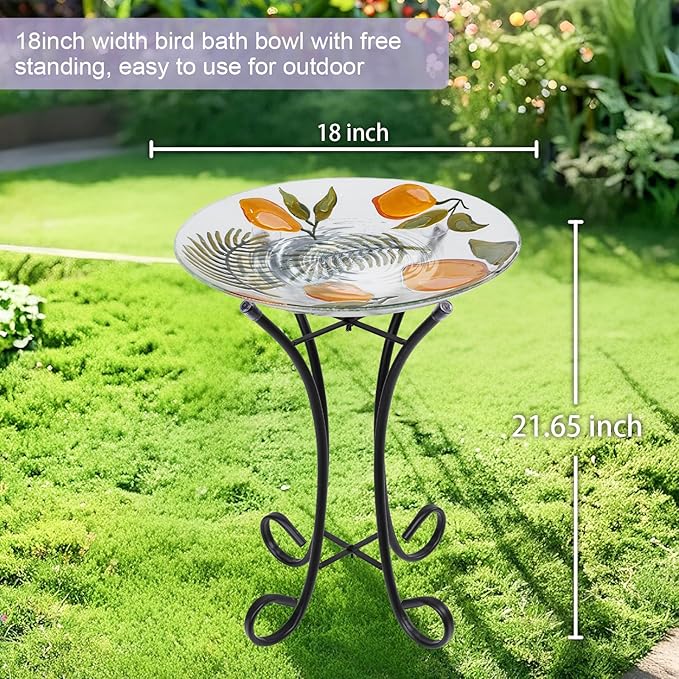 MUMTOP Outdoor Glass Birdbath with Metal Stand for Outside Yard Garden Decor, 18 inch Diameter Lemon Tropical Decorative Bird Baths Bowl for Outdoors, 21.65 inch Height