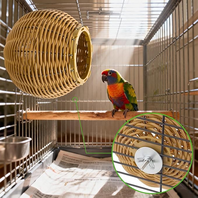 Imitation Rattan Bird Nest for Cage, Chew Resistant Parrot Nest House with Metal Frame, Egg Laying and Breeding Nest for Small Birds, Suitable for Budgies, Lovebirds, Cockatiels, Parakeets