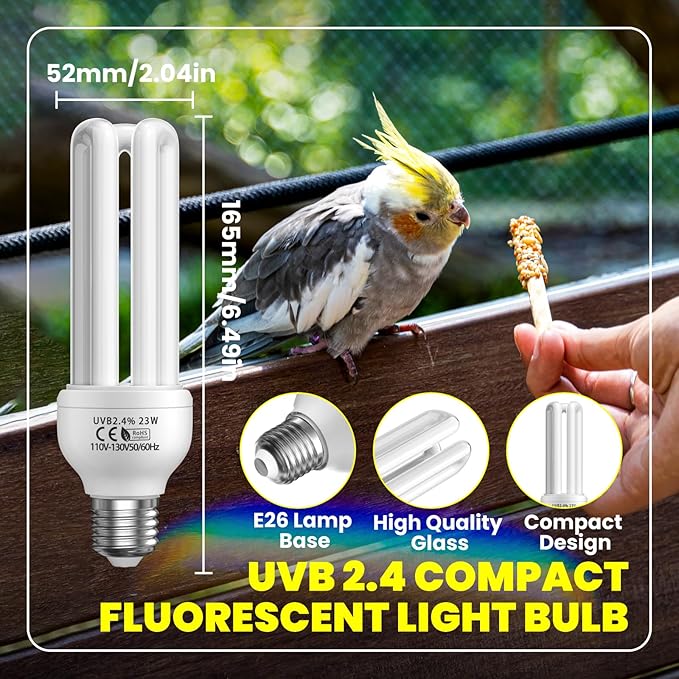 GlowUp 23W UVB Bulb for Bird, UVB 2.4 Compact Fluorescent Light Bulb E26 Birdcage Compact UVB 2.4 Lamp for Captive Birds and Reptiles