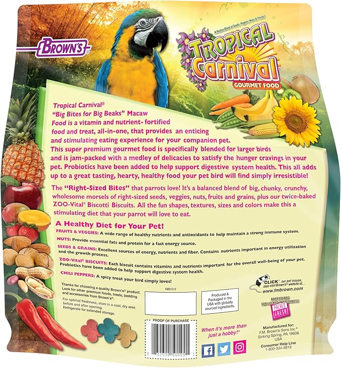 F.M. Brown's Tropical Carnival, Gourmet Macaw Food Big Bites for Big Beaks, Vitamin-Nutrient Fortified Daily Diet with Probiotics for Digestive Health, 5 lb