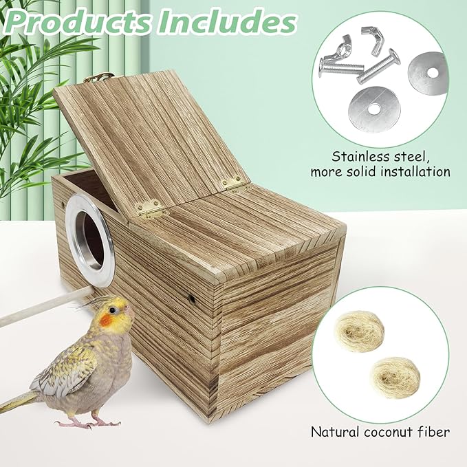 PINVNBY Parakeet Nesting Box, Carbonized Wood Bird Box, Wood Breeding Box for Birds, Budgie Lovebirds Conure Finch Parrot Canary (L: 11.8 x 5.9 x 5.9 inch)