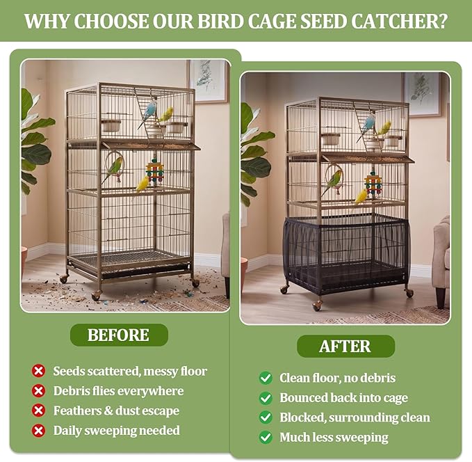 Bird Cage Cover,Bird Cage Seed Catcher,Durable Airy Nylon Mesh Net, Adjustable Birdcage Cover Skirt Seed Guard for Parrot Cockatiel Parakeet Pigeon Big Round Square Cages(Black)