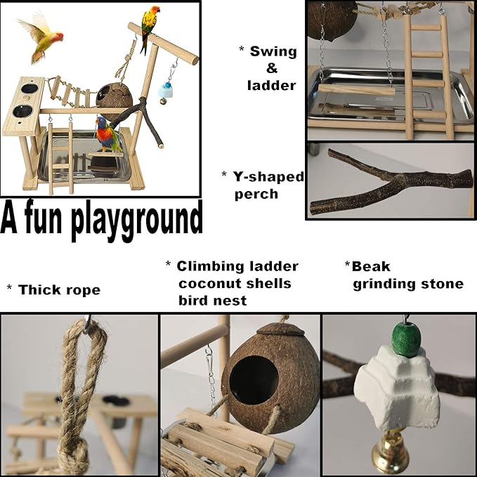 Parrots Playground Bird Play Stand Natural Wood Parrot Perch Gym Playpen Parakeet Nest with Feeder Cups Ladders Lovebirds Cage Accessories Toy Exercise Activity Center for Conure Cockatiel Lovebirds