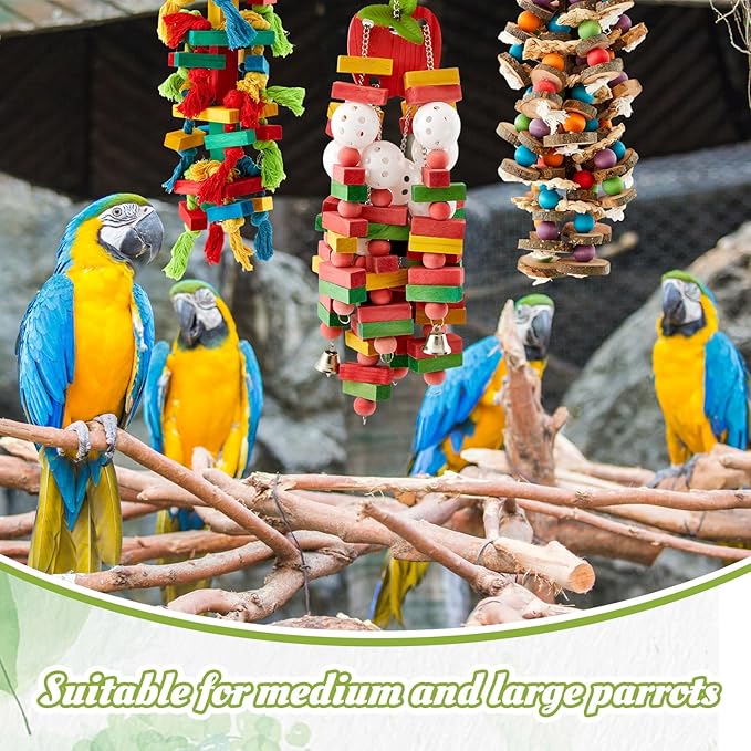 Seenelling 3 Pcs Extra Large Bird Parrot Toy Multicolored Natural Wooden Parrot Cage Chewing Toys for Large Medium Macaws Cockatoos African Grey Birds (Block and Ball)