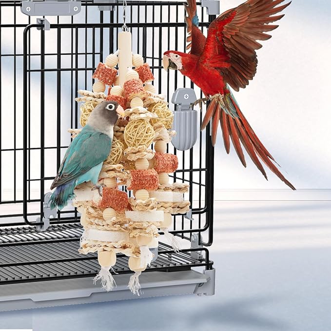 Bird Toys that is 17.5 Inches in Length, Parrot Toy Designed for Chewing Features Natural Corn cob and Loofah Slices, Can Be Hung in Large and Medium-Sized Parrot Cages