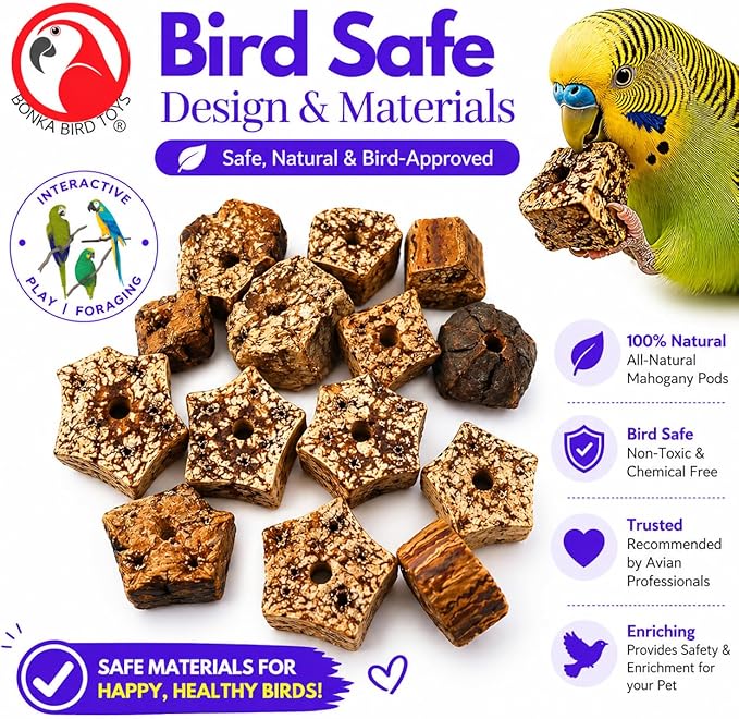 Bonka Bird Toys 3893 Natural Mahogany Sliced Pods Chew Toys, Pack of 12, Durable Bird-Safe Foot Toys, Pre-Drilled for Parrots, Cockatiels, and Small to Medium-Sized Birds, Cage Accessories