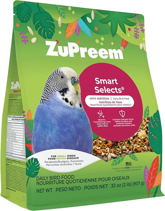 ZuPreem Smart Selects Daily Bird Food for Parakeet, Budgie, Parrotlet, Dove, Bird Pellets and Seed Blend, Core Nutrition for Small Birds, Made in USA, Parakeet Food, Budgie Food (S, 2 lb)