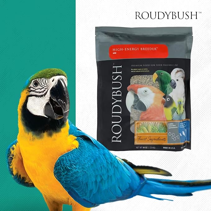 Roudybush High Energy Breeder Food for Breeding & Weaning Birds - Scientifically Formulated Bird Feed - Bird Food Pellets w/Corn, Wheat, Soy & More - Nutritious & Healthy Feed for Birds (Mini, 44oz)