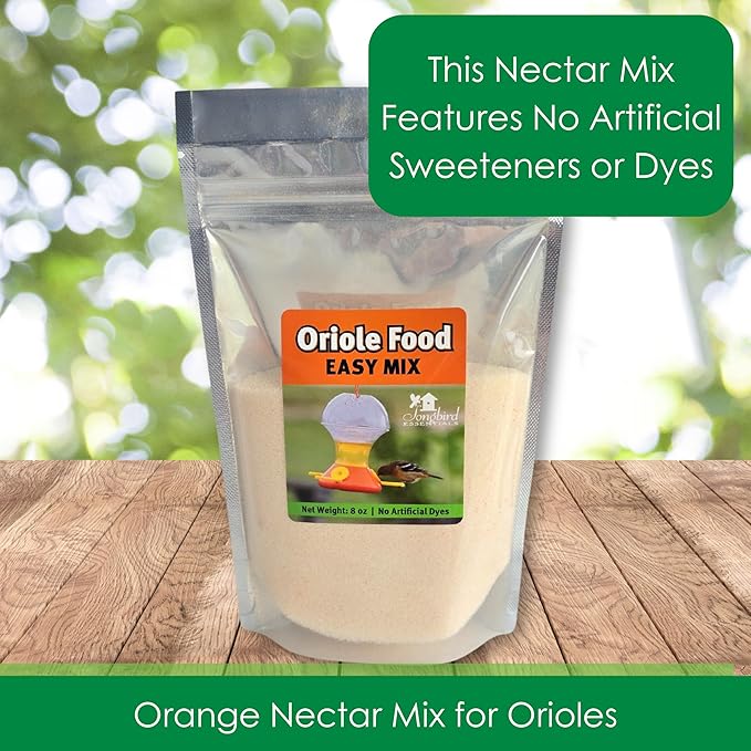 Songbird Essentials Oriole Nectar Mix - 8 Ounce Dry Concentrate Makes 48 Ounces Nectar - No Boil, All Natural, No Dyes or Artificial Sweeteners - Made in USA - Attracts Orioles and Hummingbirds