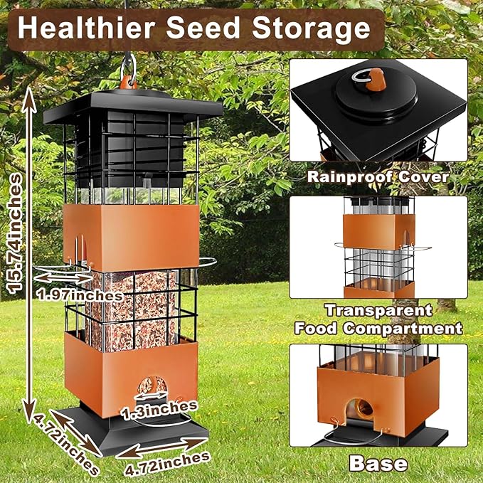 Squirrel Proof Bird Feeder, 3Lbs Metal Anti-Squirrel Bird Feeders for Outdoors, Weight-Activated Perches Hanging Wild Birdfeeder for Blue Jay, Cardinal (Brown)
