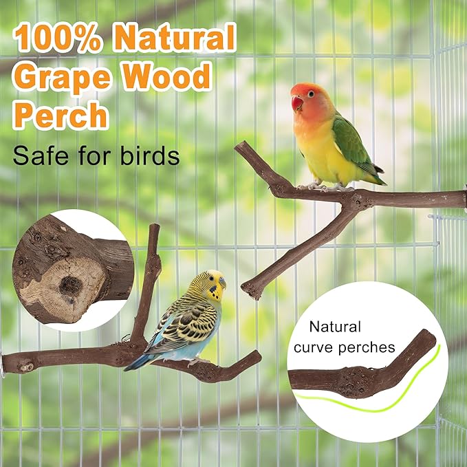 7pcs Set Natural Wood Bird Perches for Cage Wooden Bird Cage Accessories Including Curved Grape Stands Chewing Sticks Platforms Birds Swing Toy for Parakeets Cockatiels Small & Medium Birds