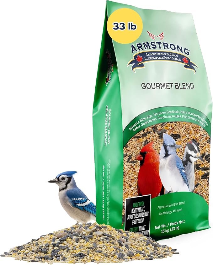 Armstrong Bird Food Gourmet Blend, 33 Pounds - with White & Red Millet, Cut Corn, Wheat, Black Oil Sunflower, Striped Sunflower, Peanuts & Safflower for Blue Jays and Northern Cardinals