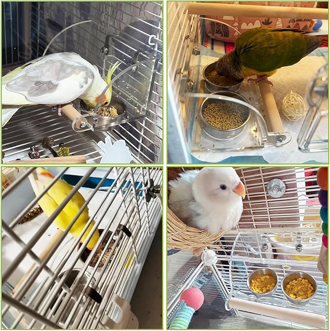 BNOSDM Bird Feeder for Cage with Double Stainless Steel Food & Water Bowls Anti-Slip Wood Perch Stand with No Mess Acrylic Seed Catcher for Parrot, Budgie, Parakeet, Lovebird, Canary, Finch,Conure