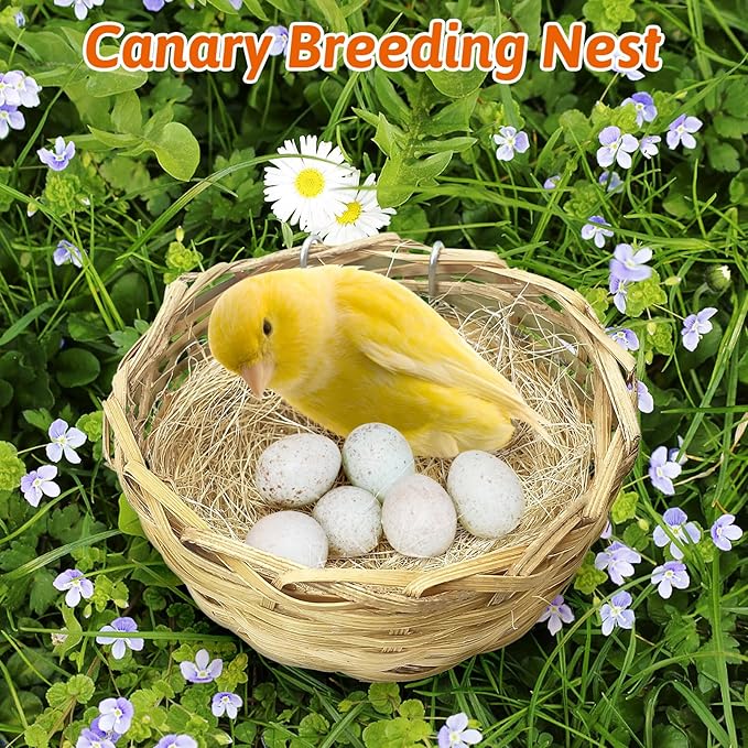 VCEPJH Handmade Bird Nest for Cage 4 Pack Bamboo Canary Breeding Nest with Hook Finch Nesting Hatching House with Fiber Liner for Littile Finch Parakeet Cockatiel Budgie